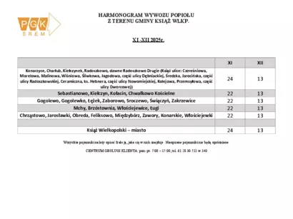 Harmonogram wywozu popiołu w Gminie Książ Wlkp. na rok 2025